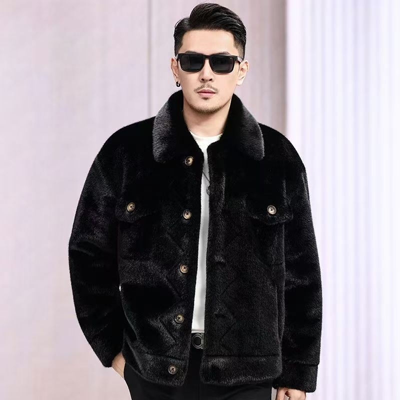 Ανδρικό παλτό από συνθετική γούνα – γιακάς με πέτα, κούμπωμα με ένα κουμπί, χαλαρή γραμμή, κορεατικό στυλ, πλαϊνές τσέπες
