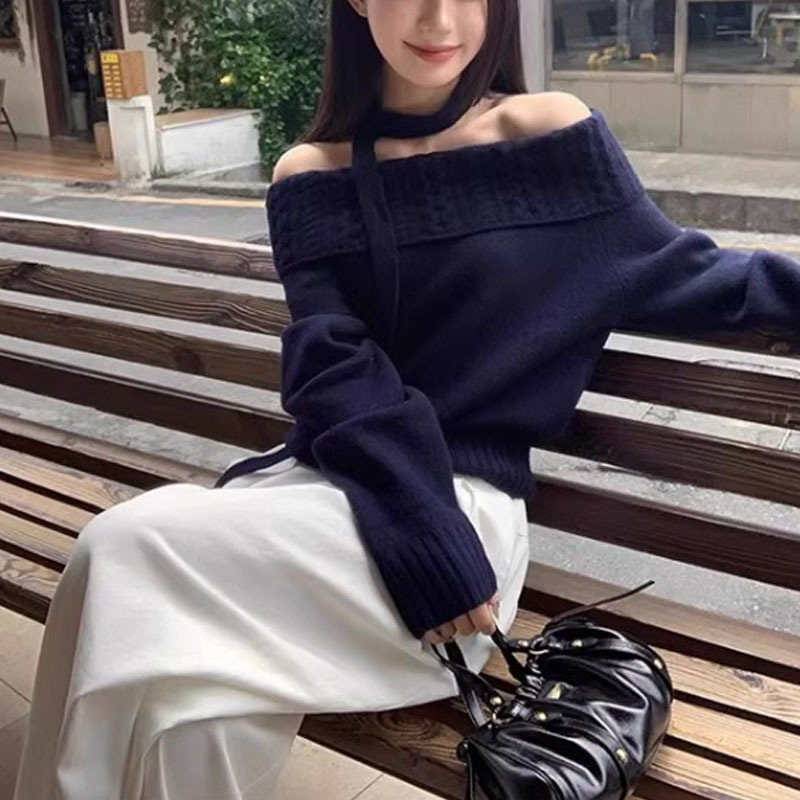 Πλεκτό πουλόβερ σε κορεατικό στυλ με ένα ώμο και κορδέλα, για γυναίκες, ακρυλικό μονόχρωτο πλεκτό, μεσαίας πυκνότητας, χαλαρή γραμμή, μακριά μανίκια, λαιμός με ανοιχτό ώμο