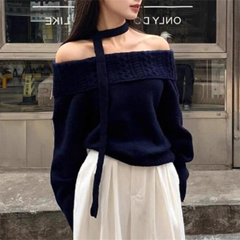 Πλεκτό πουλόβερ σε κορεατικό στυλ με ένα ώμο και κορδέλα, για γυναίκες, ακρυλικό μονόχρωτο πλεκτό, μεσαίας πυκνότητας, χαλαρή γραμμή, μακριά μανίκια, λαιμός με ανοιχτό ώμο