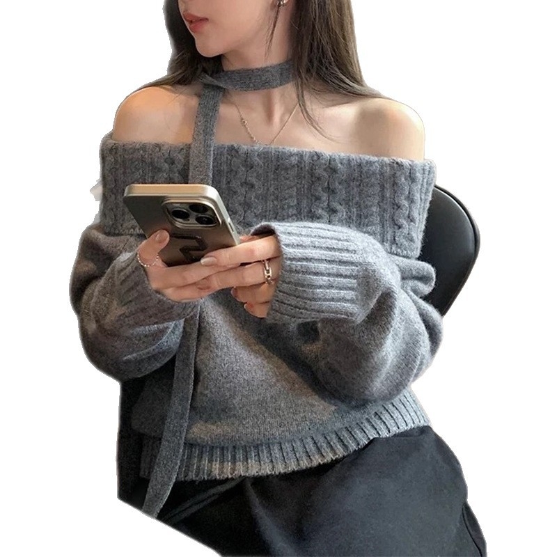 Πλεκτό πουλόβερ σε κορεατικό στυλ με ένα ώμο και κορδέλα, για γυναίκες, ακρυλικό μονόχρωτο πλεκτό, μεσαίας πυκνότητας, χαλαρή γραμμή, μακριά μανίκια, λαιμός με ανοιχτό ώμο