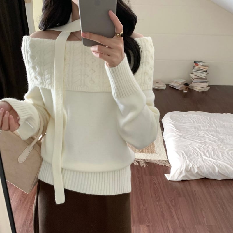 Πλεκτό πουλόβερ σε κορεατικό στυλ με ένα ώμο και κορδέλα, για γυναίκες, ακρυλικό μονόχρωτο πλεκτό, μεσαίας πυκνότητας, χαλαρή γραμμή, μακριά μανίκια, λαιμός με ανοιχτό ώμο