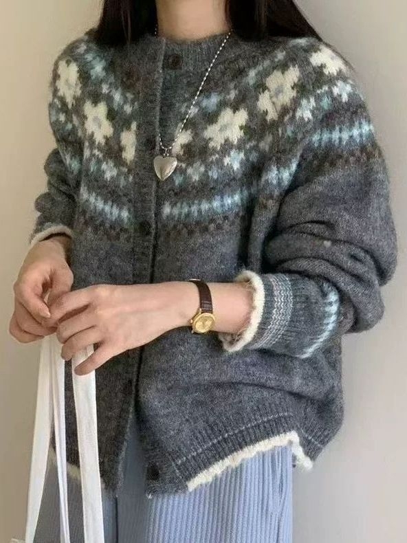 Kardigan od akrilnih vlakana, jacquard uzorak, labav kroj, dugi rukavi