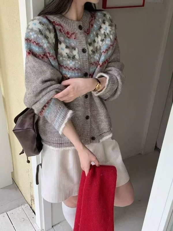 Kardigan od akrilnih vlakana, jacquard uzorak, labav kroj, dugi rukavi