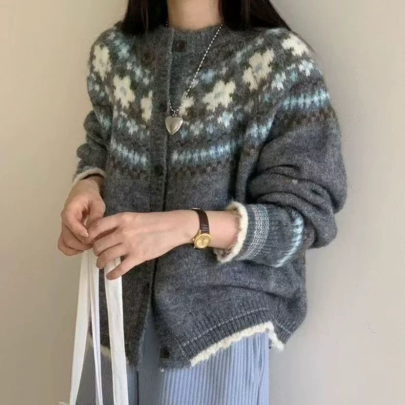 Kardigan od akrilnih vlakana, jacquard uzorak, labav kroj, dugi rukavi