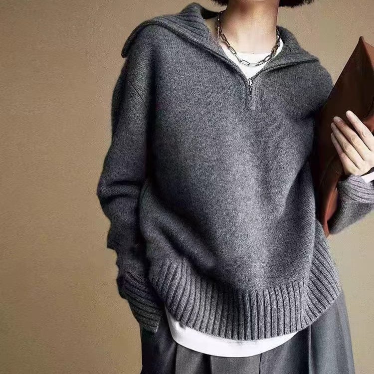 Ženski pulover s polo ovratnikom, debeli pleteni materijal od vunene smjese, opušteni kroj, dugi rukavi