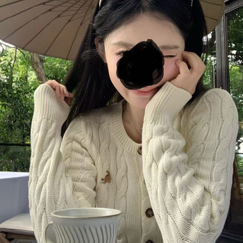 Cardigan tricotat cu bucle răsucite, Spandex, stil japonez/korean, guler rotund, mâneci lungi