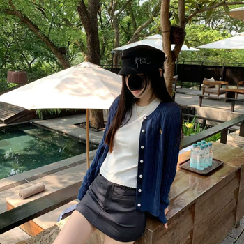 Cardigan tricotat cu bucle răsucite, Spandex, stil japonez/korean, guler rotund, mâneci lungi