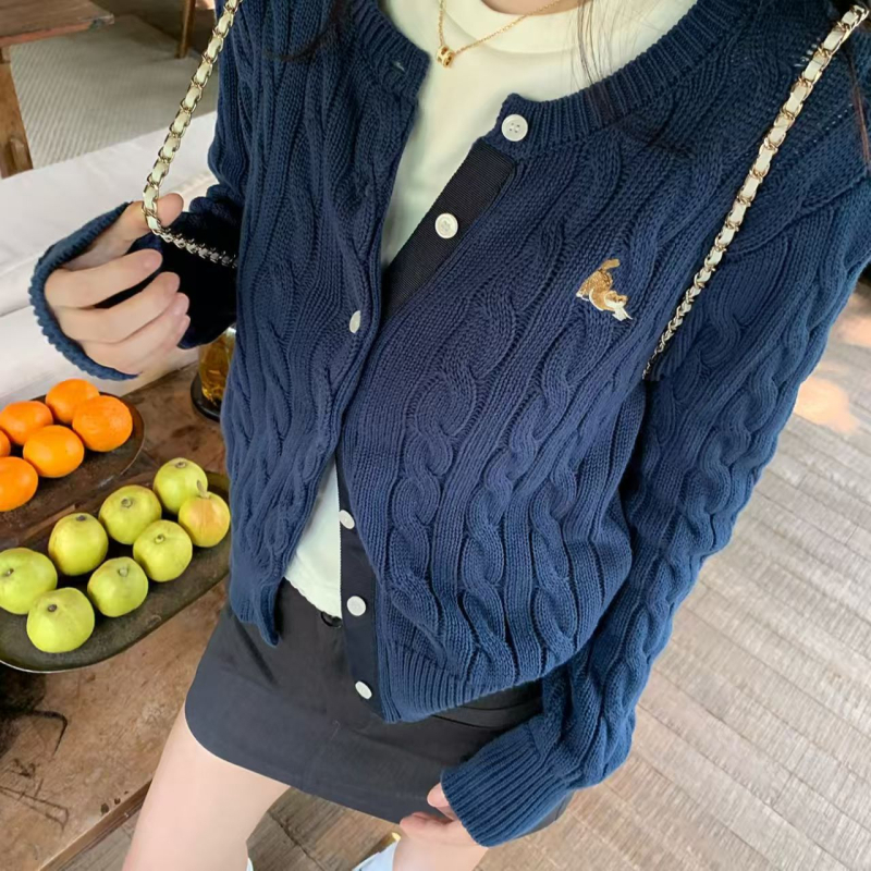 Cardigan tricotat cu bucle răsucite, Spandex, stil japonez/korean, guler rotund, mâneci lungi