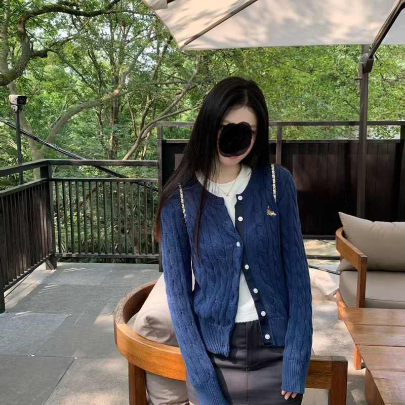 Cardigan tricotat cu bucle răsucite, Spandex, stil japonez/korean, guler rotund, mâneci lungi