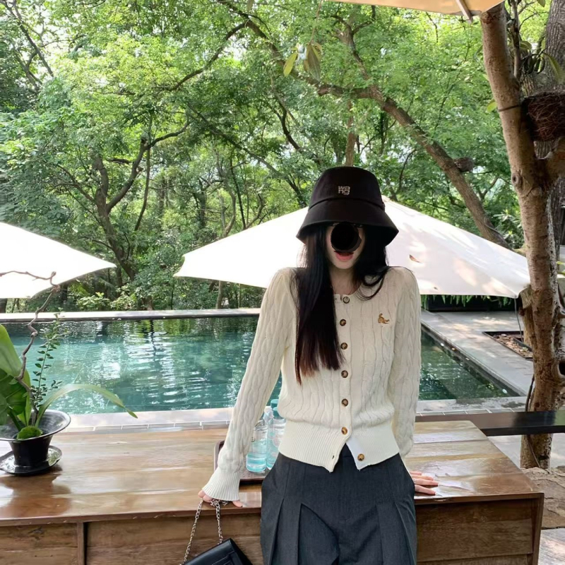 Cardigan tricotat cu bucle răsucite, Spandex, stil japonez/korean, guler rotund, mâneci lungi