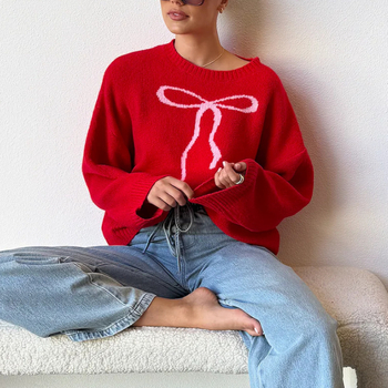 Pulover tricotat cu funda și jacquard, amestec acrilic, guler rotund, mâneci lungi, croială liberă