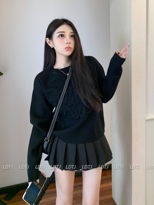 Lo*WE pamučni 3D-reljefni pulover za žene – okrugli izrez, dugi rukavi, opušteni japansko-korejski stil