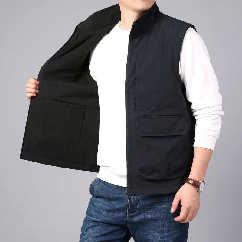 Dvostruki muški prsluk, debeli stojeći ovratnik, polar fleece, vanjski najlon, poliester punilo