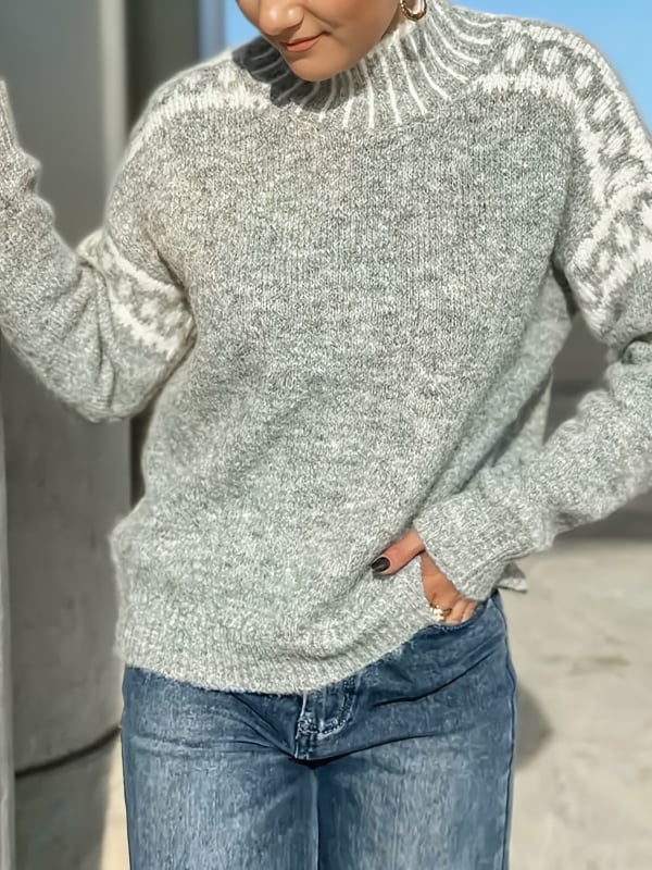 Ženski džemper s visokim ovratnikom, jacquard pletenina, akrilno vlakno, dugi rukavi, slobodan kroj