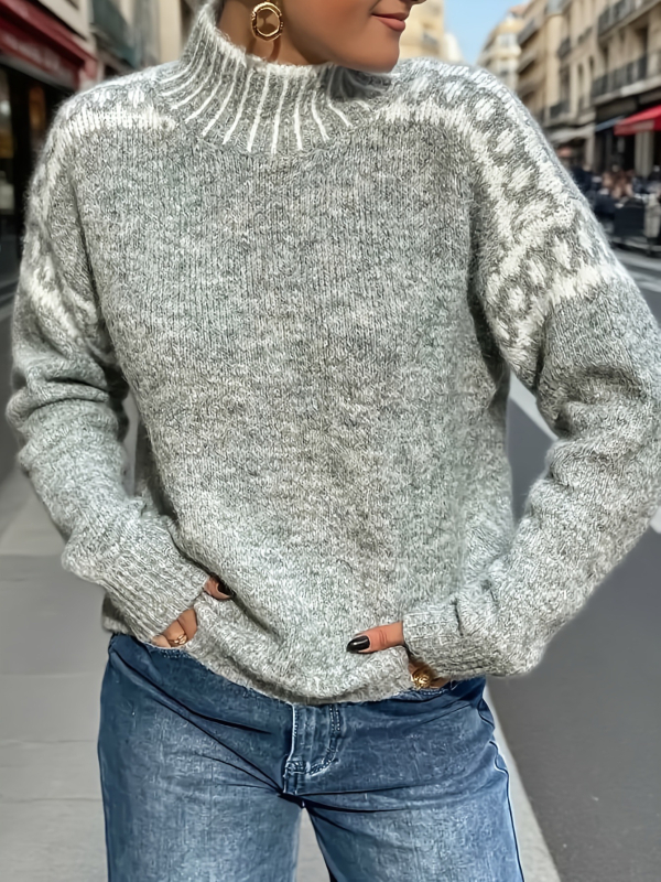 Ženski džemper s visokim ovratnikom, jacquard pletenina, akrilno vlakno, dugi rukavi, slobodan kroj