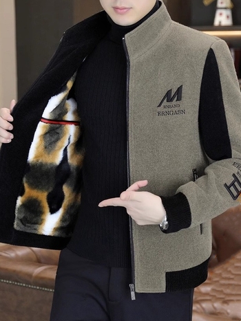 Muška vunena jakna s fleec podstavom, kapuljačom, zipom, stojeći ovratnik, širok kroj, gradski stil