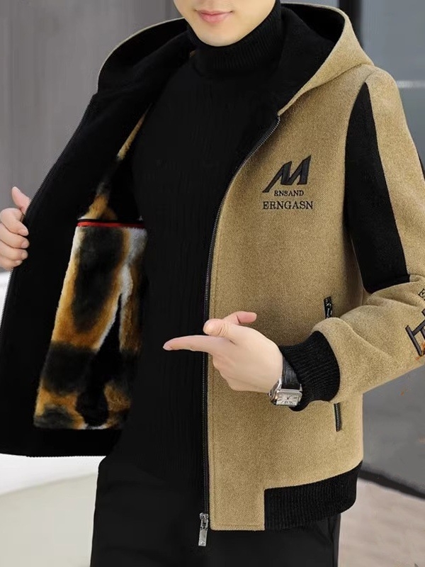 Muška vunena jakna s fleec podstavom, kapuljačom, zipom, stojeći ovratnik, širok kroj, gradski stil