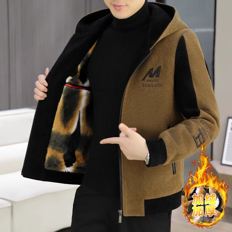 Muška vunena jakna s fleec podstavom, kapuljačom, zipom, stojeći ovratnik, širok kroj, gradski stil