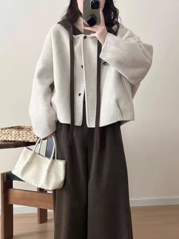 Дамско палто от вълна със свободен силует, бат ръкав, качулка, плат от смесена вълна, средна дължина