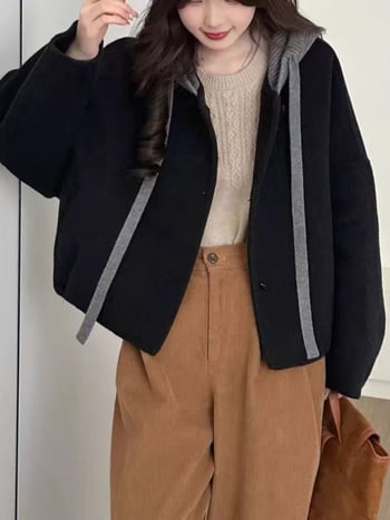 Дамско палто от вълна със свободен силует, бат ръкав, качулка, плат от смесена вълна, средна дължина