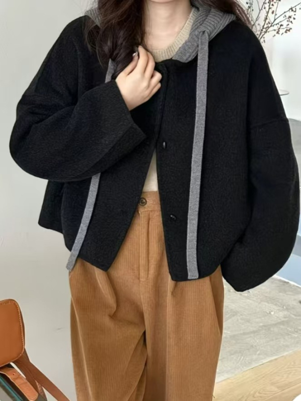 Дамско палто от вълна със свободен силует, бат ръкав, качулка, плат от смесена вълна, средна дължина