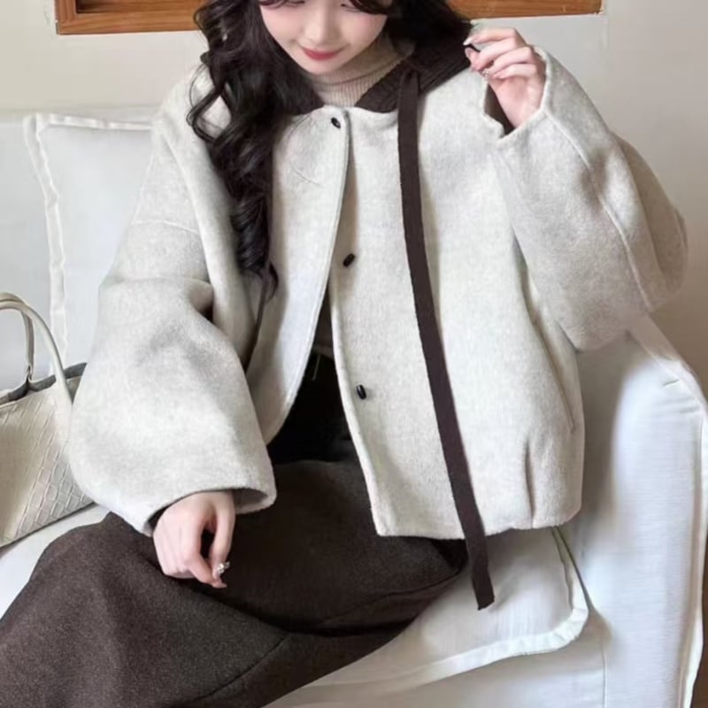 Дамско палто от вълна със свободен силует, бат ръкав, качулка, плат от смесена вълна, средна дължина