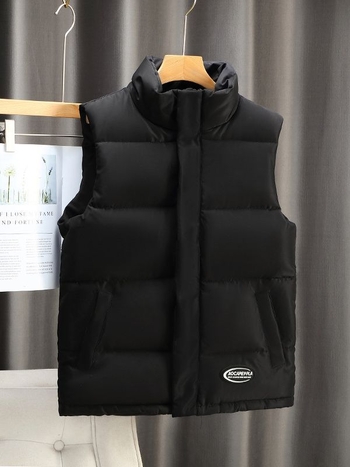 Ανδρικό γιλέκο κορεατικού στυλ με παχυνμένο βαμβακερό επένδυση για φθινοπωρινό-χειμερινό, χωρίς μανίκια, ελεύθερη γραμμή, εξωτερικό ύφασμα πολυεστέρα και επένδυση πολυεστέρα, εκτύπωση λογότυπου