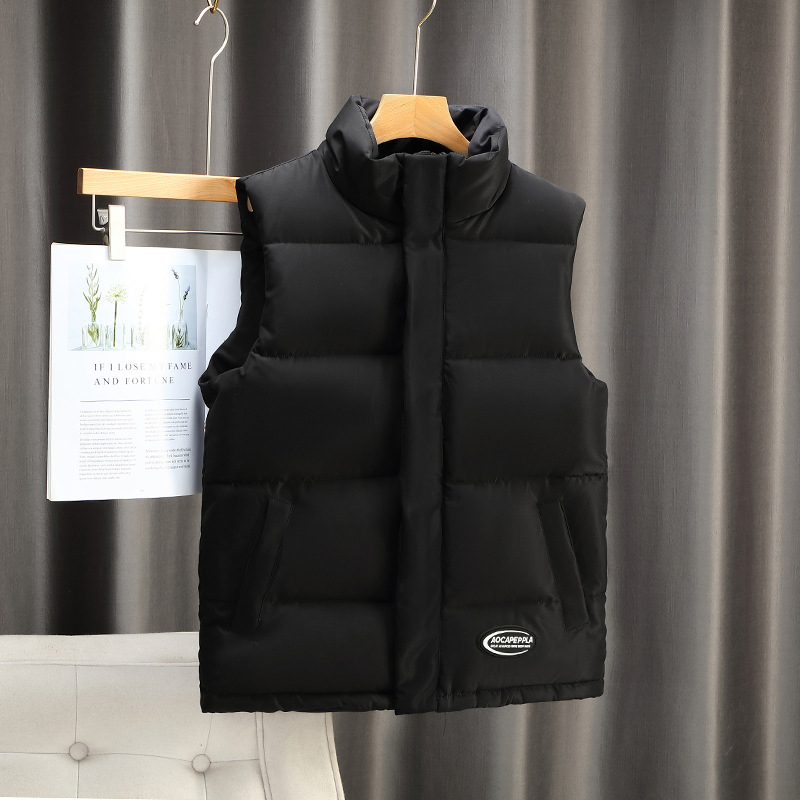 Ανδρικό γιλέκο κορεατικού στυλ με παχυνμένο βαμβακερό επένδυση για φθινοπωρινό-χειμερινό, χωρίς μανίκια, ελεύθερη γραμμή, εξωτερικό ύφασμα πολυεστέρα και επένδυση πολυεστέρα, εκτύπωση λογότυπου