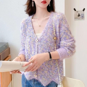 Női plüss kötött kardigán Mink hatású, V-nyakú, hosszú ujjú, színblokkolt mintázat, elöl háromgombos, normál hossz 50–65 cm