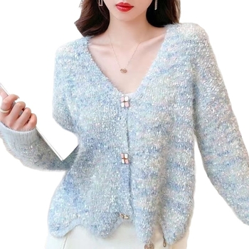 Női plüss kötött kardigán Mink hatású, V-nyakú, hosszú ujjú, színblokkolt mintázat, elöl háromgombos, normál hossz 50–65 cm