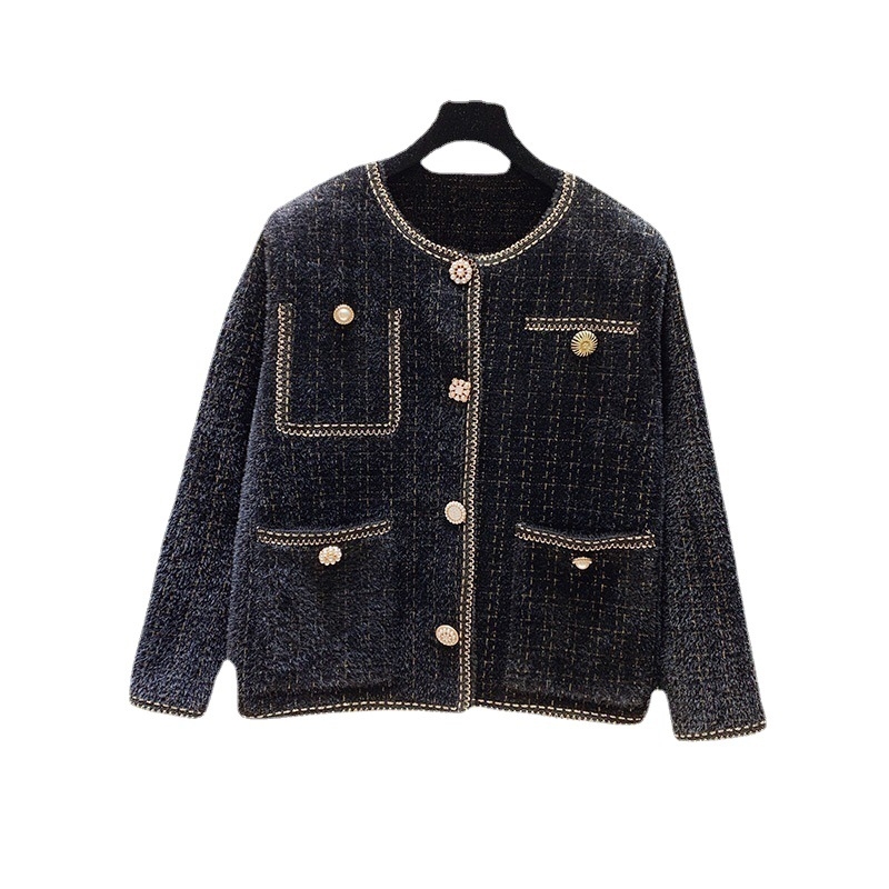 Kockás mintázatú kardigán, városi stílus, normál hosszúságú, kerek nyakú, viszkóz rostból