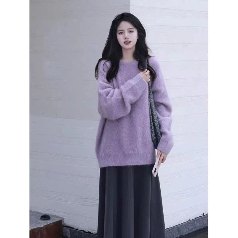 Ženski džemper od Mink fleece, debeo, okrugli izrez, dugi rukavi, udoban kroj, gradski stil, Zima 2024