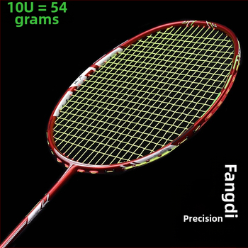 Ракетка за бадминтон Guangyu: карбонова рамка, тегло 75–79 g, дебелина на дръжката G5, тип ракета: прав удар, твърдост на пръчката: умерена
