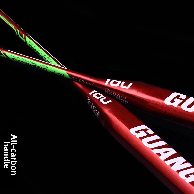 Ракетка за бадминтон Guangyu: карбонова рамка, тегло 75–79 g, дебелина на дръжката G5, тип ракета: прав удар, твърдост на пръчката: умерена