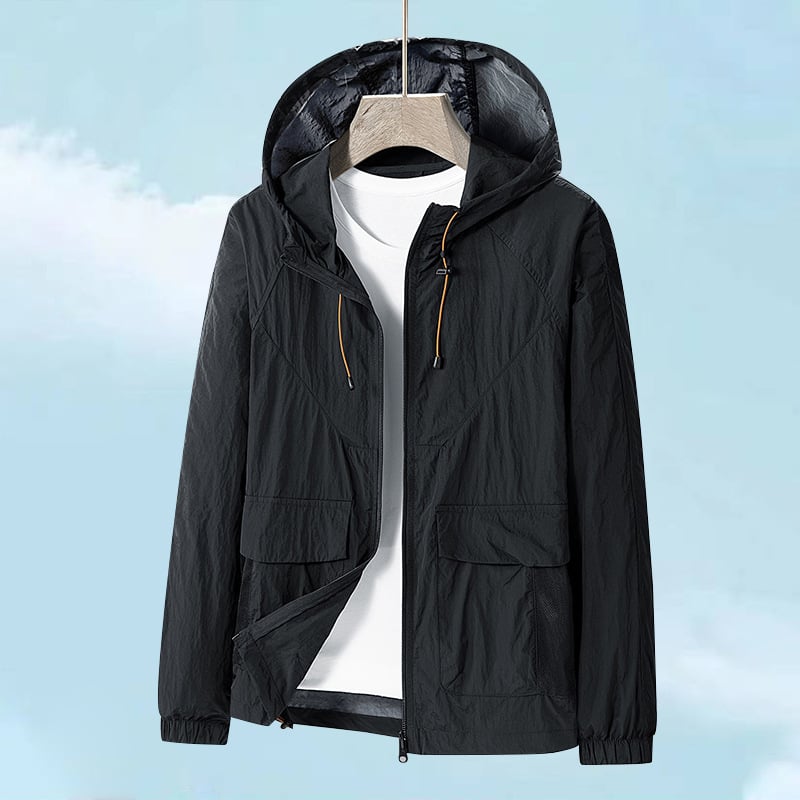 Muška ljetna jakna s kapuljačom, tanka i prozračna, Ice Silk brzo suši, UV zaštita, materijal: najlon-mješavina, zatvarač