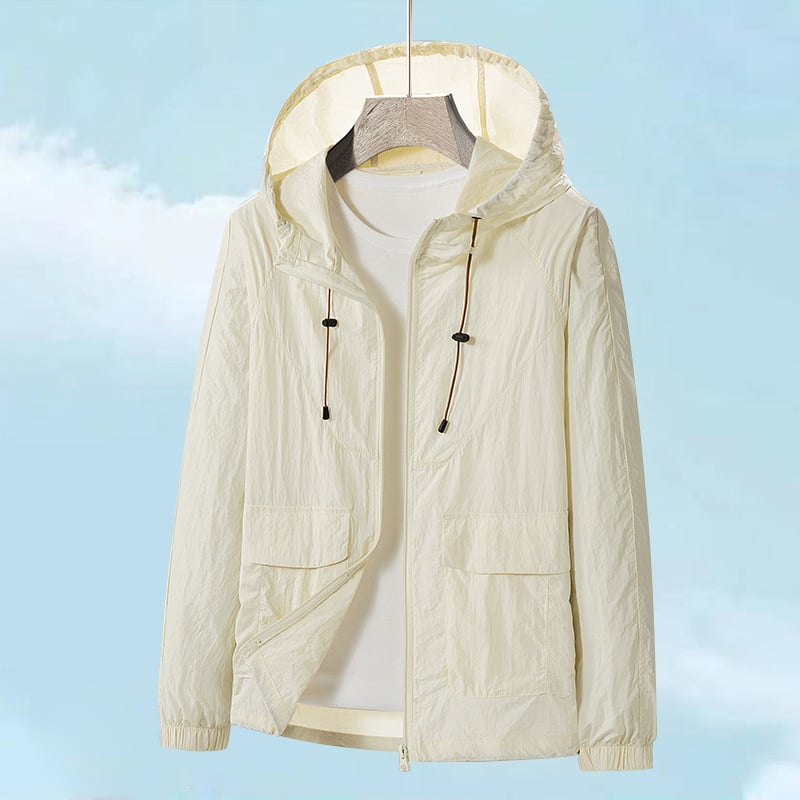Muška ljetna jakna s kapuljačom, tanka i prozračna, Ice Silk brzo suši, UV zaštita, materijal: najlon-mješavina, zatvarač