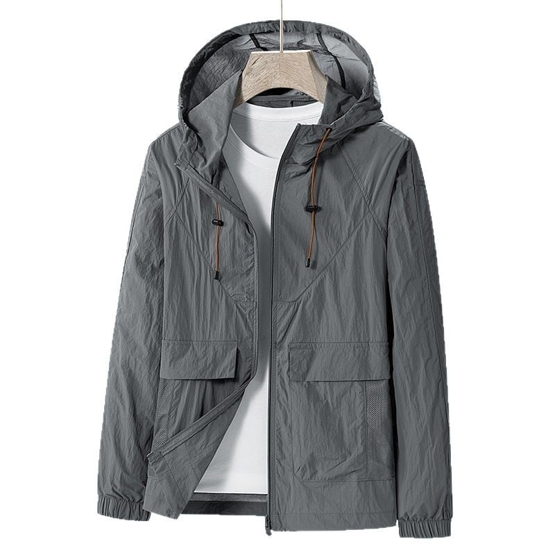 Muška ljetna jakna s kapuljačom, tanka i prozračna, Ice Silk brzo suši, UV zaštita, materijal: najlon-mješavina, zatvarač