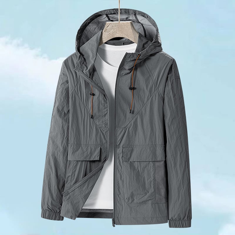 Muška ljetna jakna s kapuljačom, tanka i prozračna, Ice Silk brzo suši, UV zaštita, materijal: najlon-mješavina, zatvarač