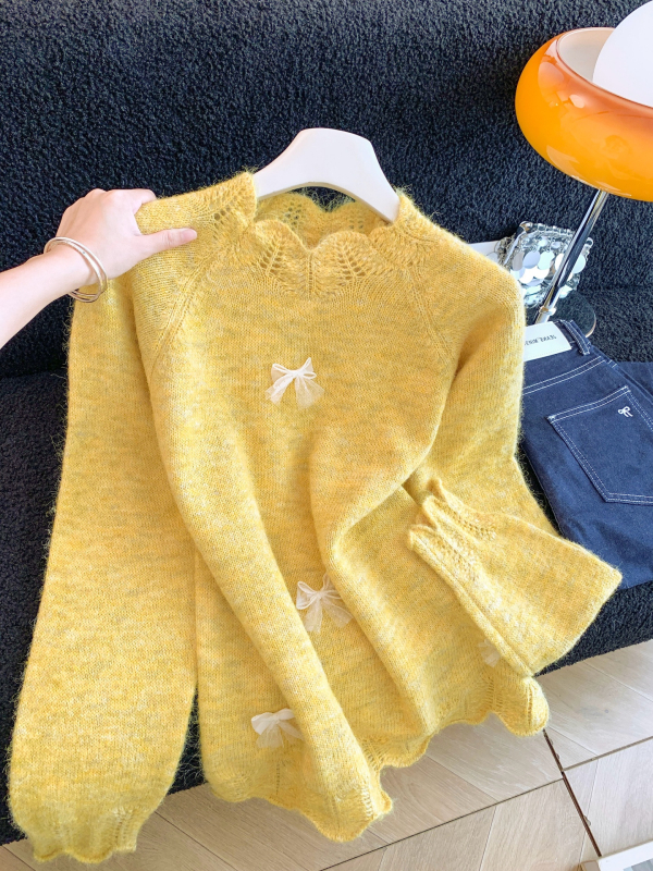 Ženski pleteni džemper od ovčje vune s polo ovratnikom, dugim rukavima, jednim dugmetom, standardna duljina