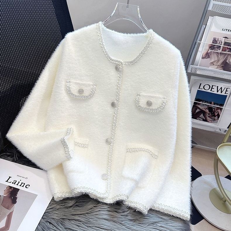 Ženski kardigan od Ice Silka i Spandexa, okrugli izrez, jedno dugme, princeze rukave, srednja debljina, izlazi jeseni 2025