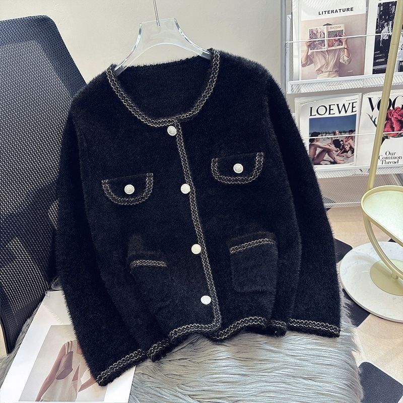 Ženski kardigan od Ice Silka i Spandexa, okrugli izrez, jedno dugme, princeze rukave, srednja debljina, izlazi jeseni 2025