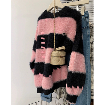Pulover s kapuljom od poliestera, prugasti uzorak, srednje debele tkanine, korejski stil opuštenog kroja, okrugli izrez, dugi rukavi