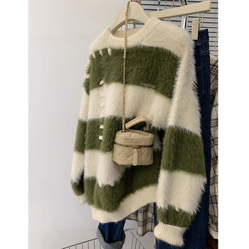 Pulover s kapuljom od poliestera, prugasti uzorak, srednje debele tkanine, korejski stil opuštenog kroja, okrugli izrez, dugi rukavi