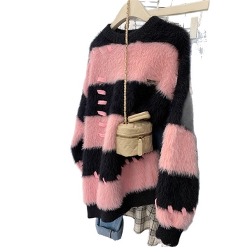 Pulover s kapuljom od poliestera, prugasti uzorak, srednje debele tkanine, korejski stil opuštenog kroja, okrugli izrez, dugi rukavi