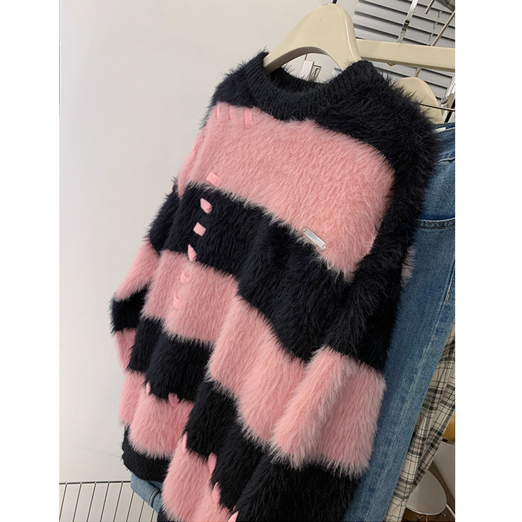 Pulover s kapuljom od poliestera, prugasti uzorak, srednje debele tkanine, korejski stil opuštenog kroja, okrugli izrez, dugi rukavi