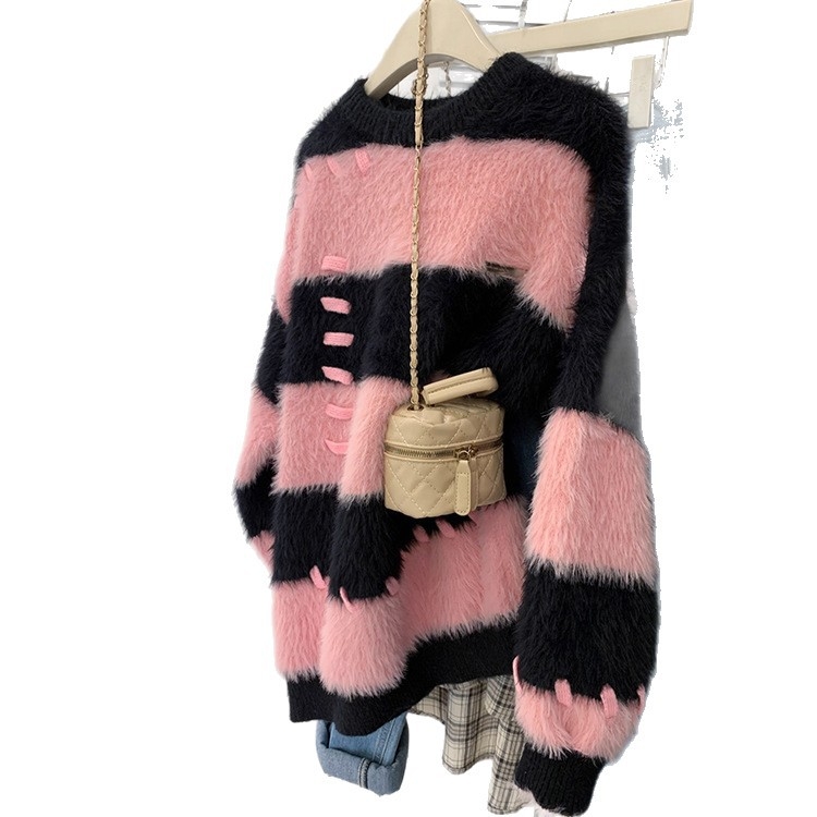 Pulover s kapuljom od poliestera, prugasti uzorak, srednje debele tkanine, korejski stil opuštenog kroja, okrugli izrez, dugi rukavi