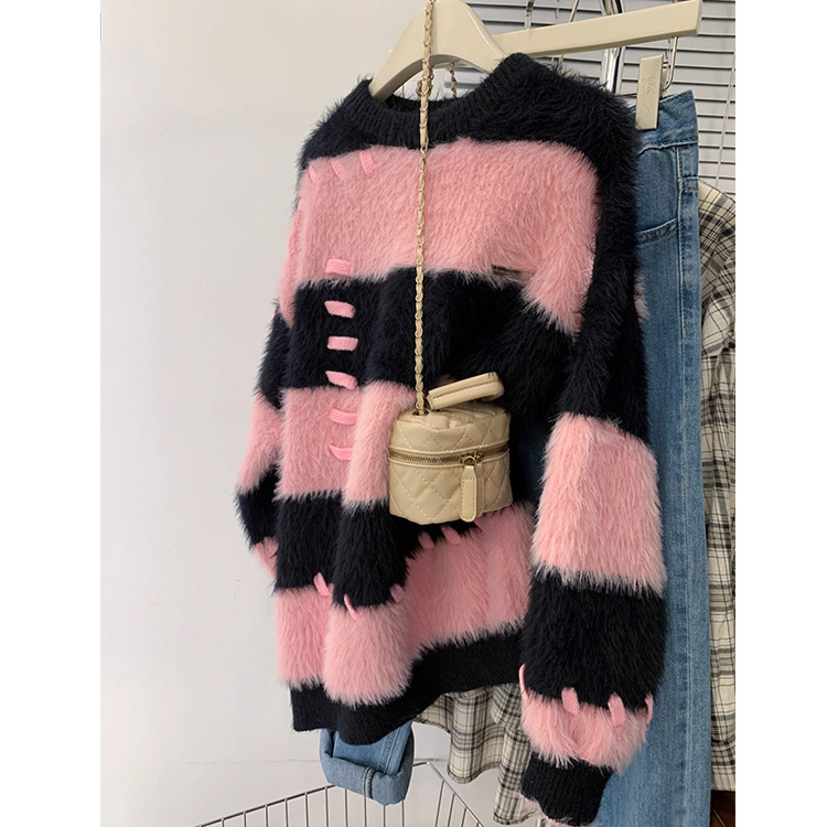 Pulover s kapuljom od poliestera, prugasti uzorak, srednje debele tkanine, korejski stil opuštenog kroja, okrugli izrez, dugi rukavi