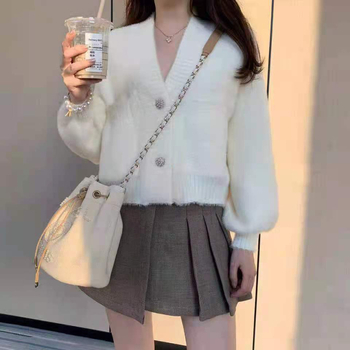 Ženski pleteni kardigan od umjetnog mink velura, jednobojan, poliester-spandeks pletenina, V-izrez, dugi rukavi, kopčanje sprijeda, opuštena silueta, srednja duljina