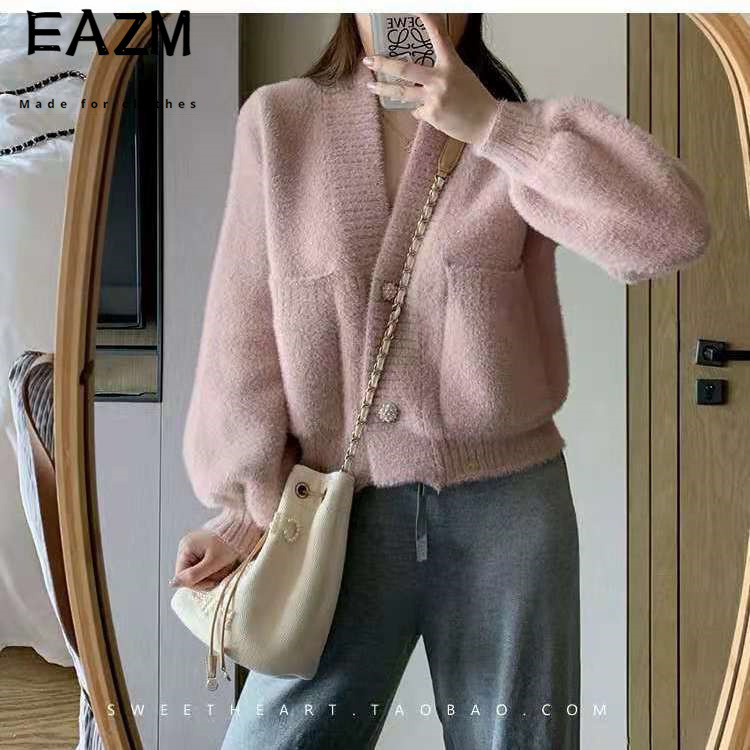 Ženski pleteni kardigan od umjetnog mink velura, jednobojan, poliester-spandeks pletenina, V-izrez, dugi rukavi, kopčanje sprijeda, opuštena silueta, srednja duljina