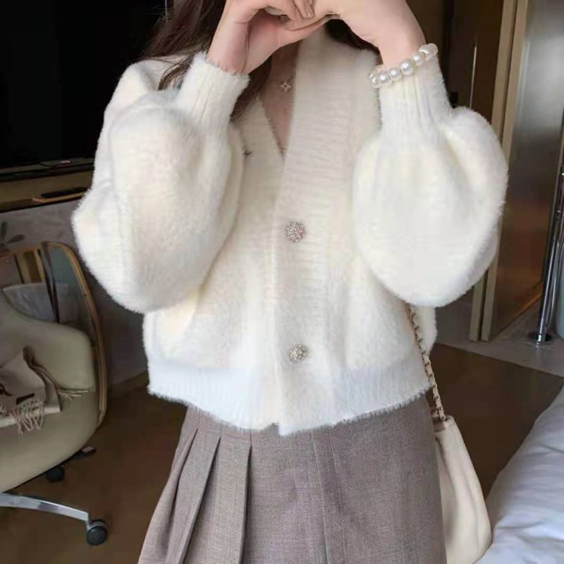 Ženski pleteni kardigan od umjetnog mink velura, jednobojan, poliester-spandeks pletenina, V-izrez, dugi rukavi, kopčanje sprijeda, opuštena silueta, srednja duljina